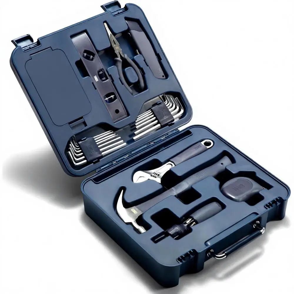 

Полный набор инструментов: молоток, трещотка, отвертка, шестигранные ключи, гаечный ключ, нож, рулетка, уровень, плоскогубцы и держатель для инструментов