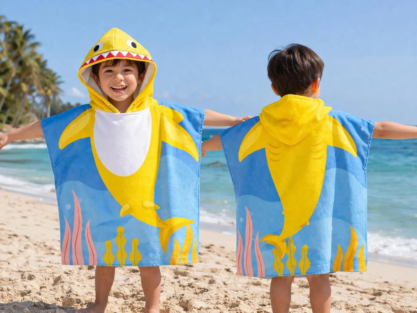 Pink&Yellow Cartoon Shark Bathrobe Soft Super Absorbent Suit For Beach Pool Take a Bath Camping For Aged 2 to 9 Boy or Girl