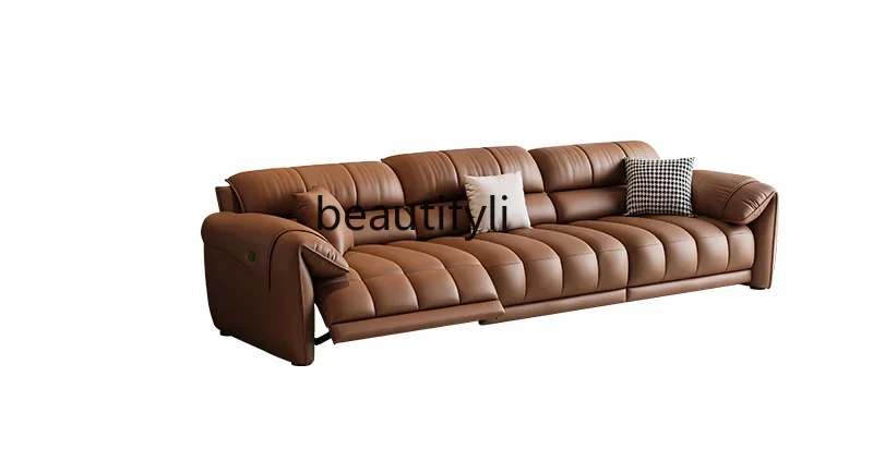 

Leather Function Electric Retractable Sofa Adjustable Space Capsule Home Theater Living Room Straight Row Three-Seat Zero Wall