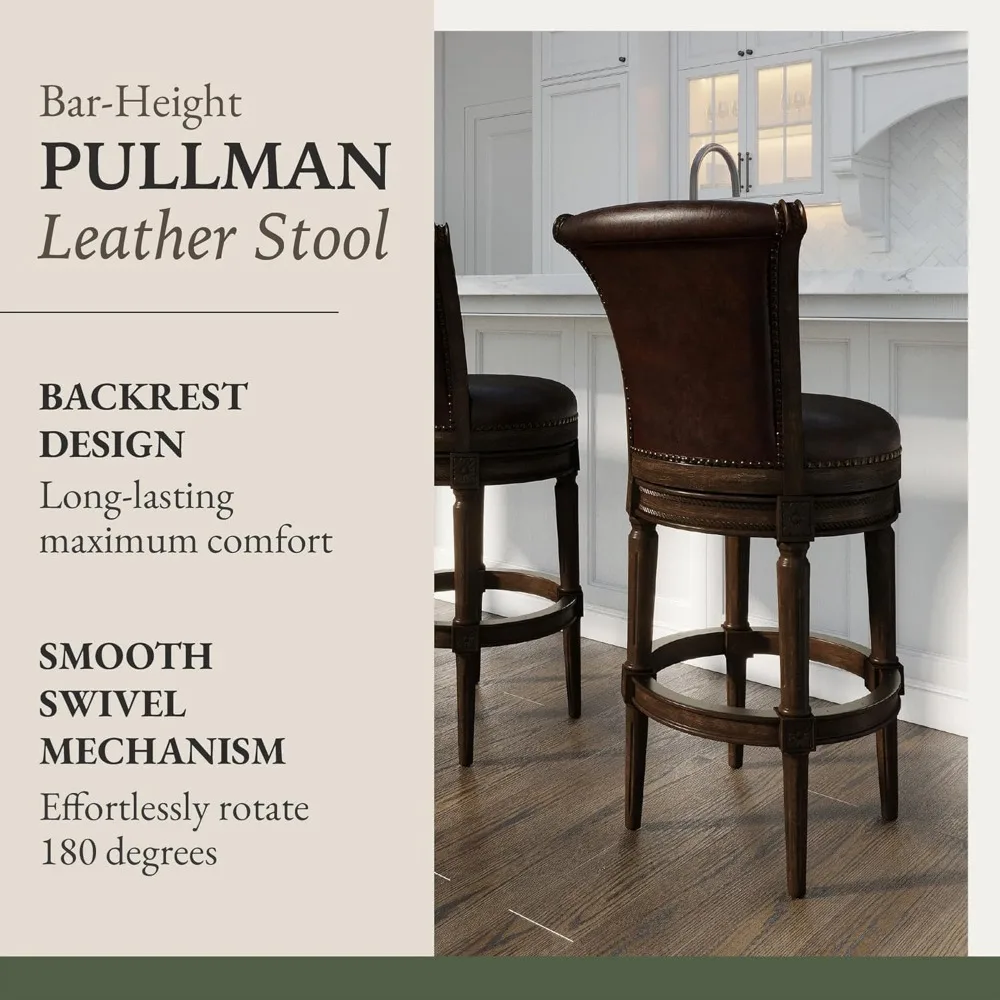 Pullman Sgabello da bar imbottito alto 31 pollici con schienale, finitura noce scuro con sedile cuscino in pelle vegana marrone vintage