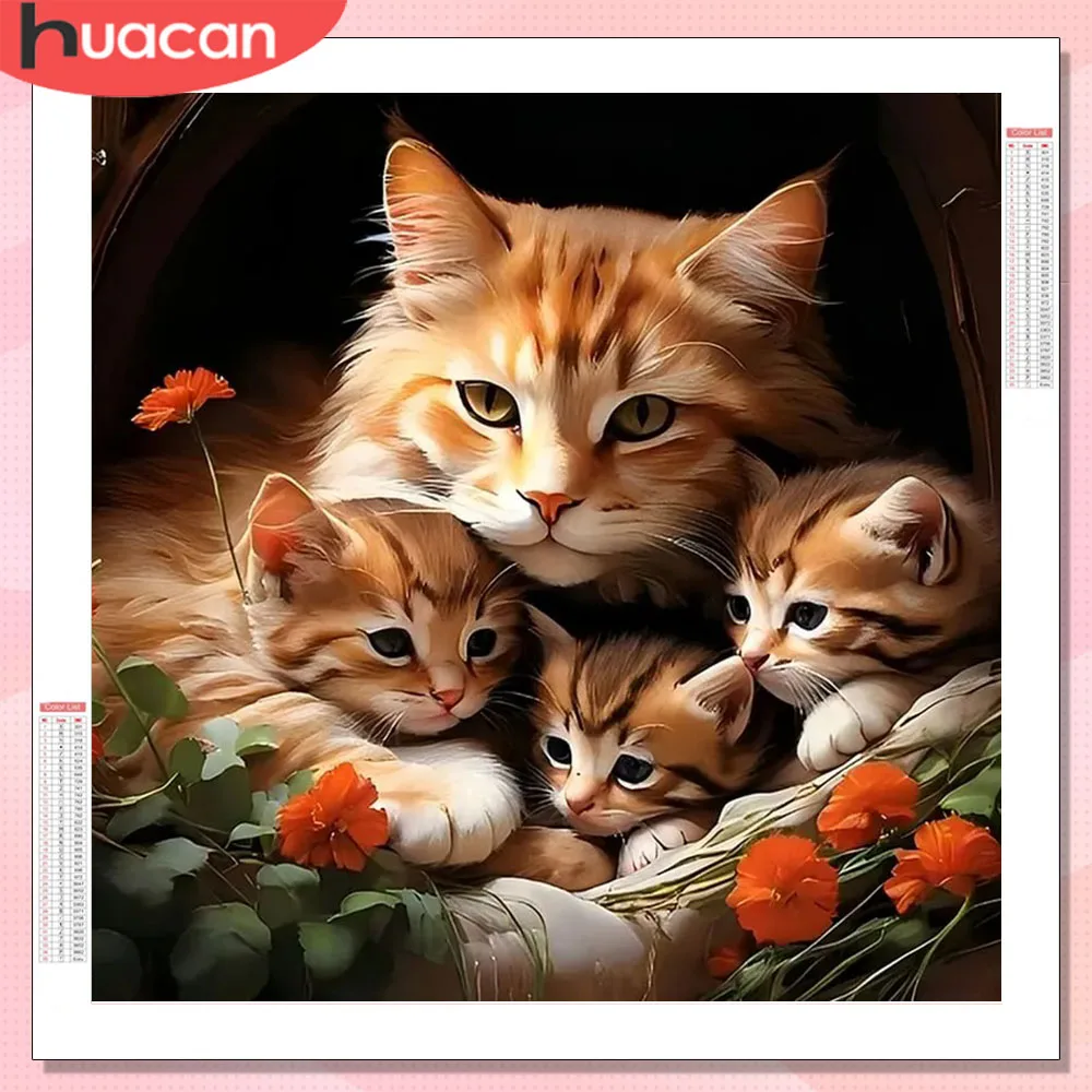 HUACAN Diamantmalerei Katze Tier Diamantmosaik Neuheiten 2026 Rosenblüte Heim Raumkunst Handwerk Quadratische Runde Drills
