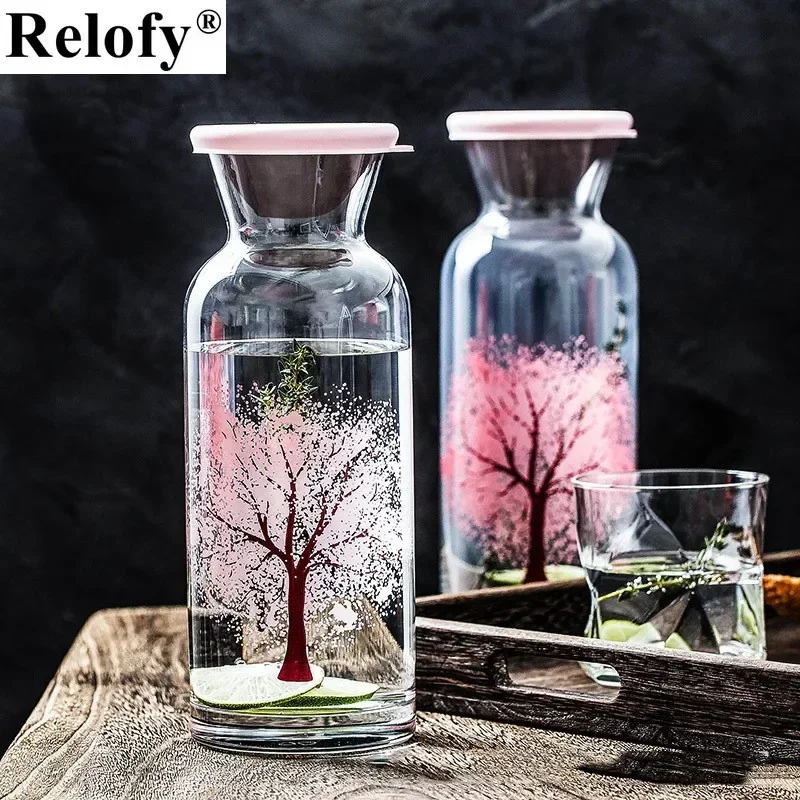 1260ml Glass Hot Color-changing Cherry Blossom Cold Water Bottle Household Drinkware Coffee Tea Water Juice Milk Drinkware