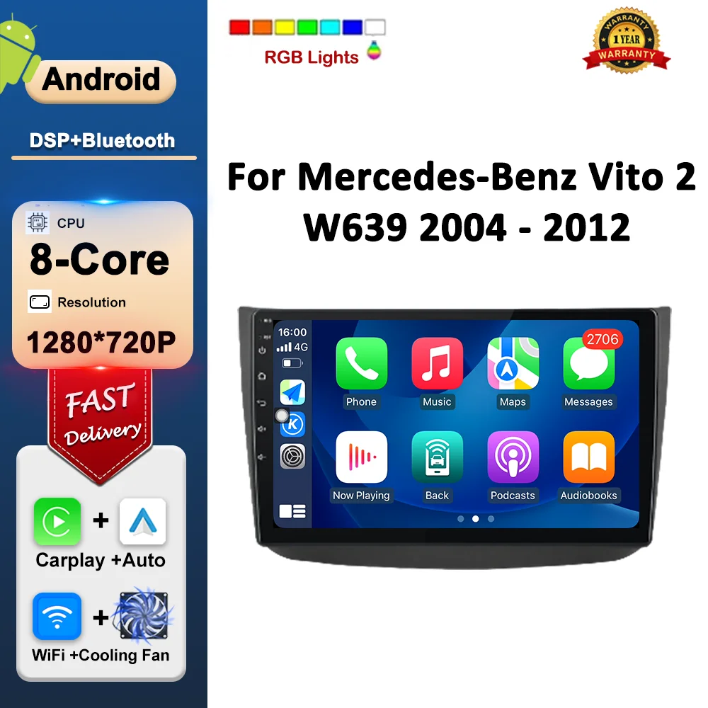 

Car Radio Multimedia Player for Mercedes-Benz Vito 2 W639 2004 2005 - 2012 Wireless Carplay DSP Stereo GPS Android OS HD Screen