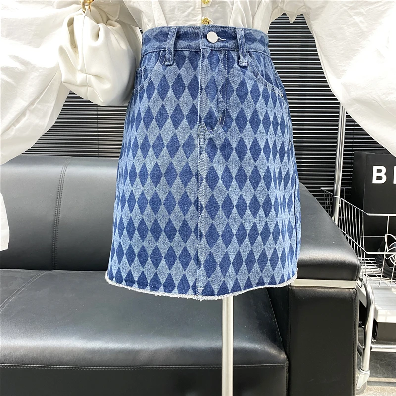 

New Color Matching Rhombic Check Denim Skirt 2022 Foreign Style Versatile High Waist Thin Raw Edge A-line Skirt