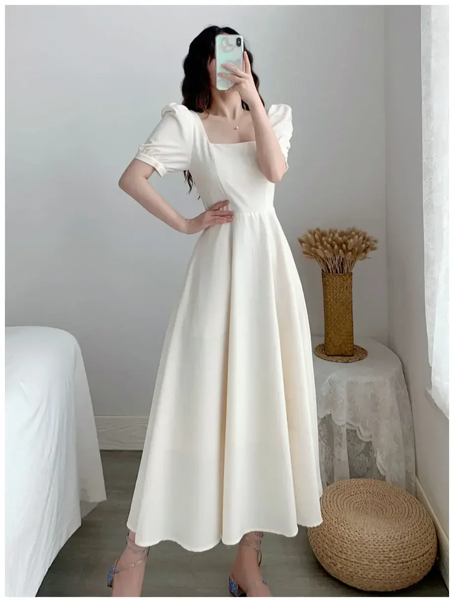 Gentle Style French Vintage Long Dress Slimming Elegant Waist-fitted Square Collar Puff Sleeve Dress For Women Summer