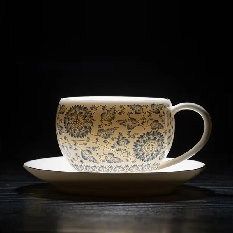 

2025 New Style Blue and White Fat White Porcelain Coffee Cup and Saucer Set, High-end Refined Lady's Personal High Aesthetic L