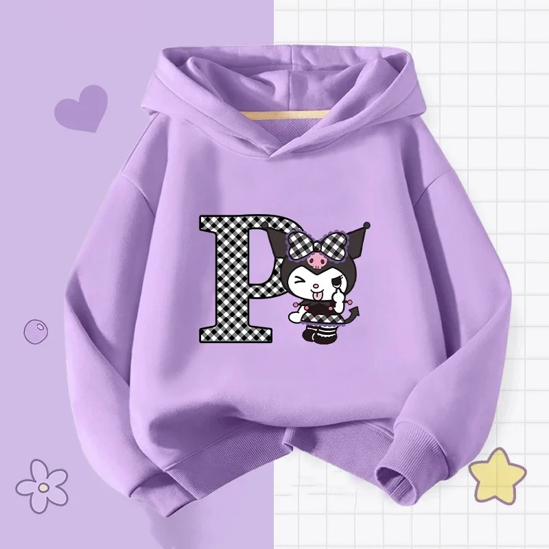 Kuromi Letter A-Z Hoodies New Sanrio Spring Autumn Kids Purple Sweatshirt Anime Kawaii Y2k Pullover Girls Tops Clothing Gifts