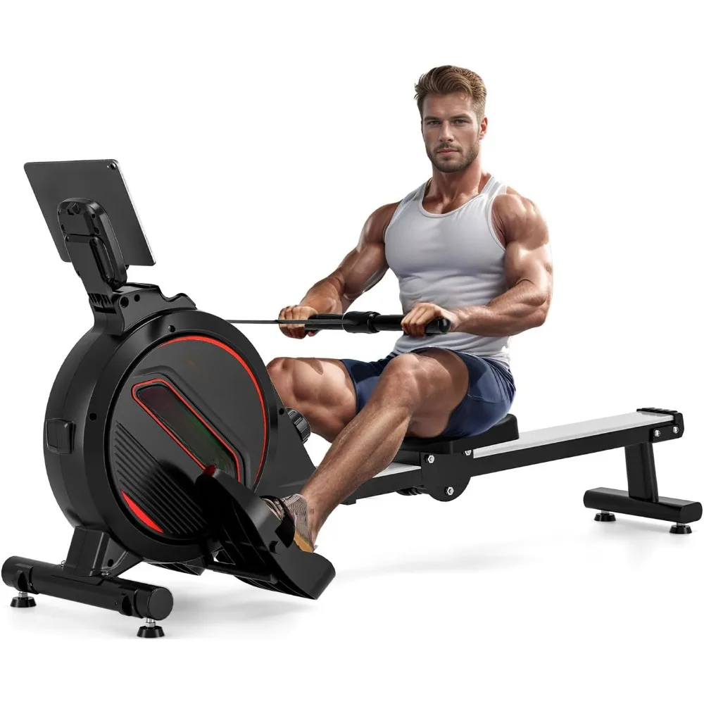 Magnetic rowing machine with 350 pounds weight capacity with LCD monitor, tablet stand and comfortable seat cushion Black Red