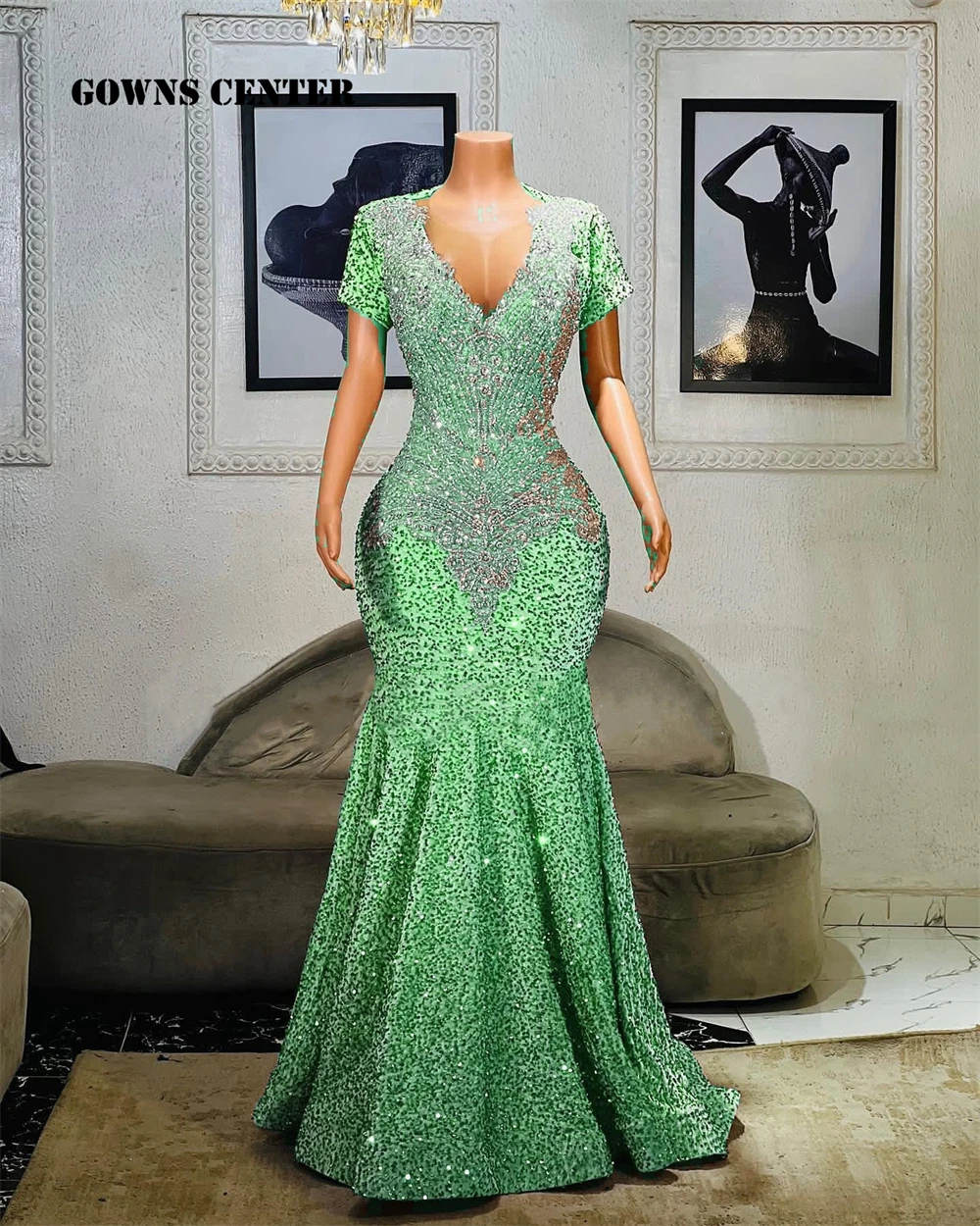 Vestidos de baile com lantejoulas com strass, mangas curtas, estilo Aso Ebi, vestido de festa africano, verde deslumbrante, lantejoula frisada