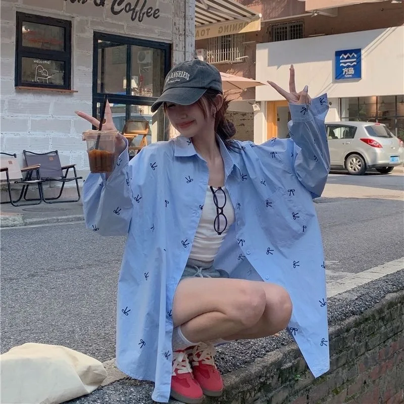

2026 Spring/summer New Style Fashion Pink Bow Print Long Sleeved Loose Top Sweet Anti-aging Sun Protection Shirt Women's Jacket