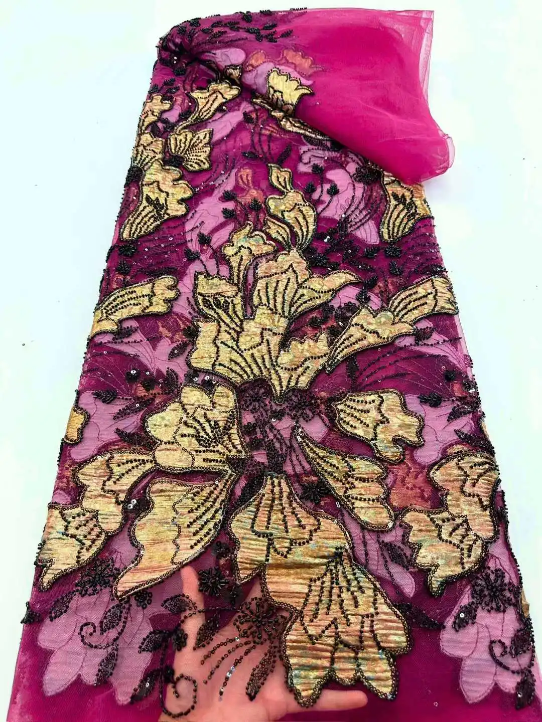 African 3D Embroidered Flower Mesh Beads Fabrics Embroidered Sequins Nigerian Wedding Dress Embroidery Clothing Fabric CC1628