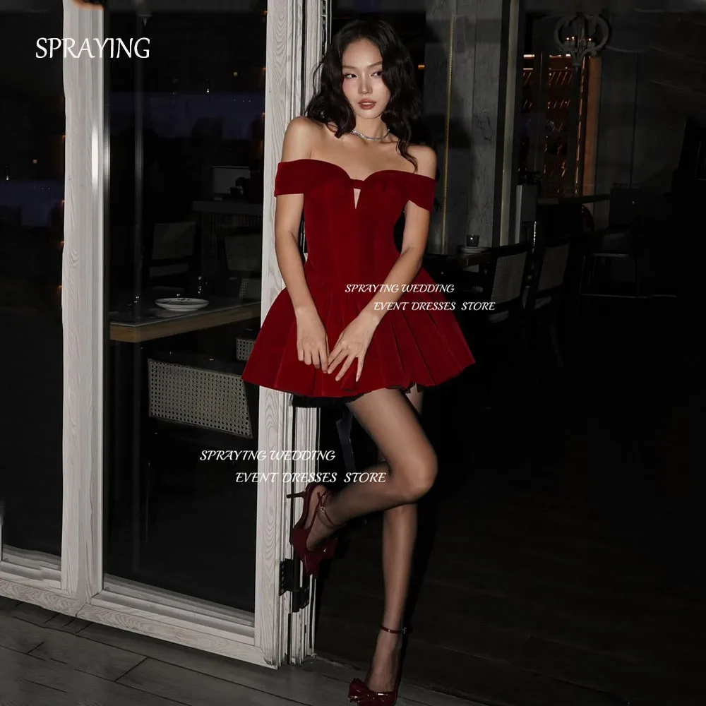 

SPRAYING Sexy Velvet Burgundy Mini Prom Gown Off Shoulder Birthday Party Dresses A line Short Above Knee Cocktail Dresses 2025