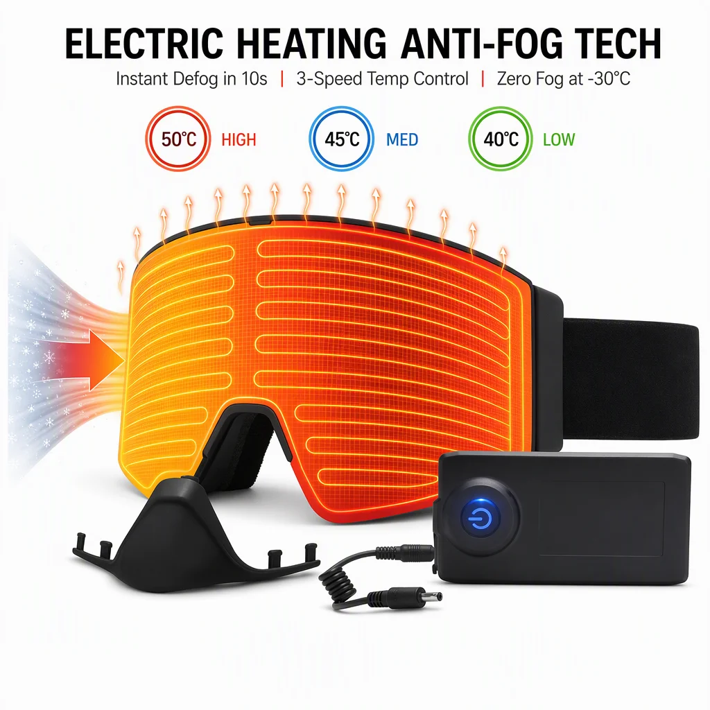 Wholesale Custom Electric Heating Snowmobile Goggles Magnetic Lens Anti Fog ITO Thermal Film Winter Riding Gear