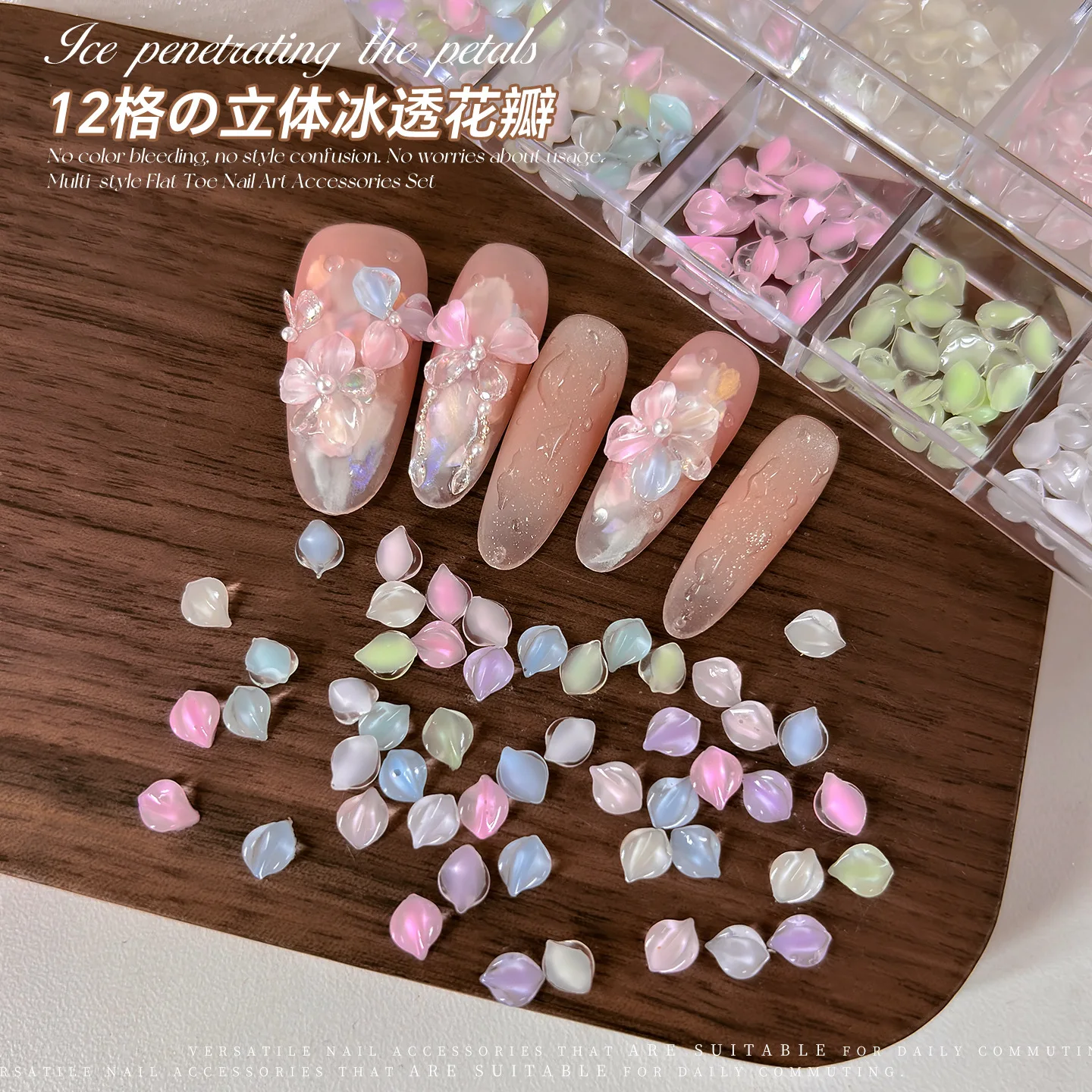 12 Grids 3D Kawaii Ice Clear Dopamine Petal Nail Charms Cute Macaron Colorul Flower Rhinestones Decorations Manicure Accessories