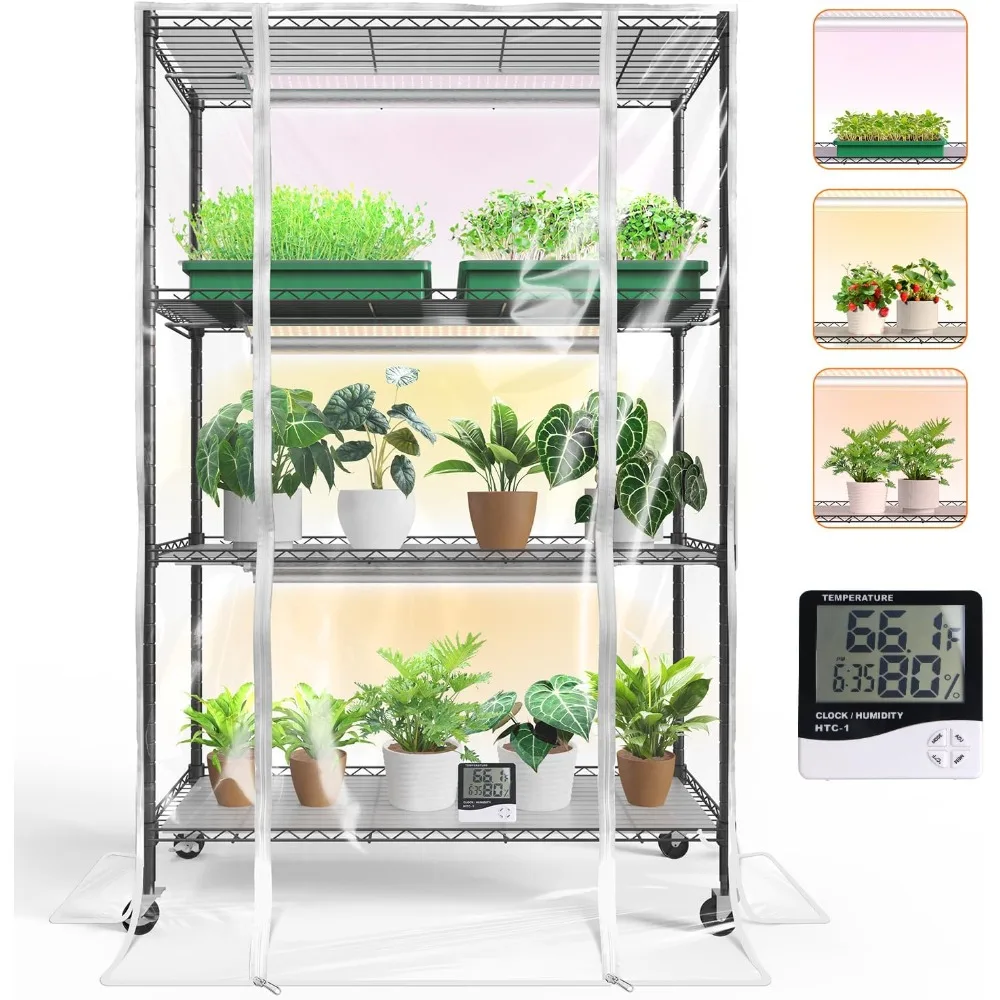 

Indoor Greenhouse with Grow Light, Plant Stand with 3 Pack Full Spectrum Plant Lights , 3 color modes, Plant Shelf with Tent for