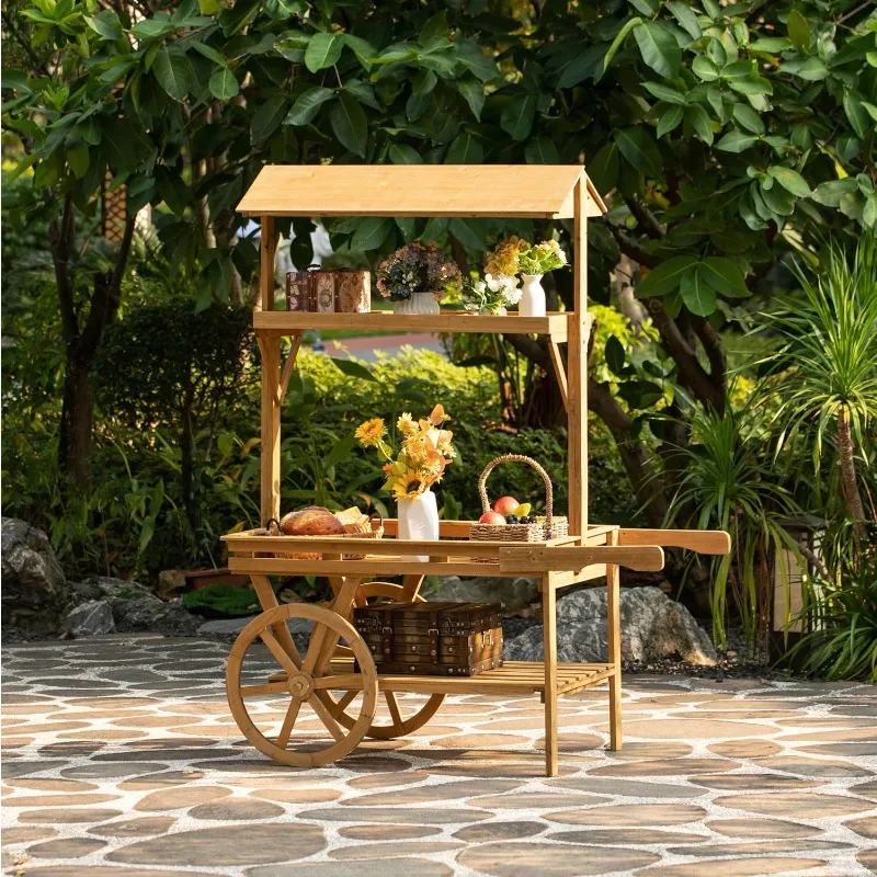 Wooden 3 Tier Rolling Table Cart with 2 Wheels for Home Decor, Display Rack, Lemonade stand, Food Stand, or Tea Stall