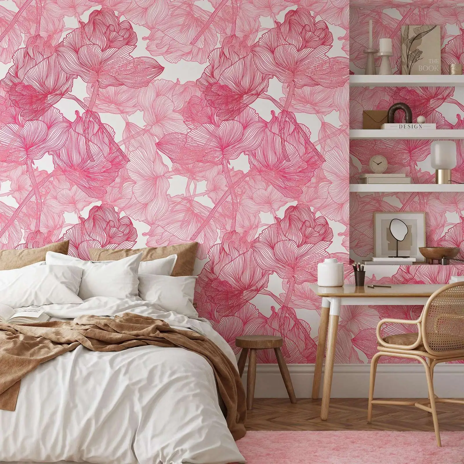 Large Pink Roses Line Art Peel & Stick Wallpaper,Monochrome Sketch-style Floral Wall Mural, Artistic Colorful Self Adhesive Wall