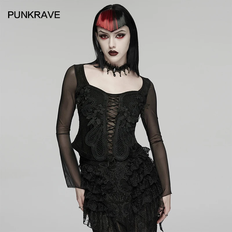 PUNK RAVE Women's Gothic Velvet & Mesh 3d Flowers Embroidery T-shirt Elegance Sexy Club Dark Tops Shirts for Women