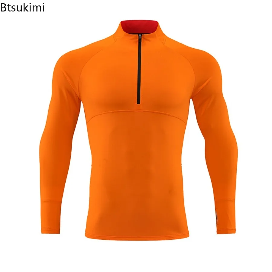 New Men Quick Dry Breathable Running Shirt Bodybuilding Sport T-shirt Long Sleeve Zipper Stand Collar Gym Fitness Jogging Top