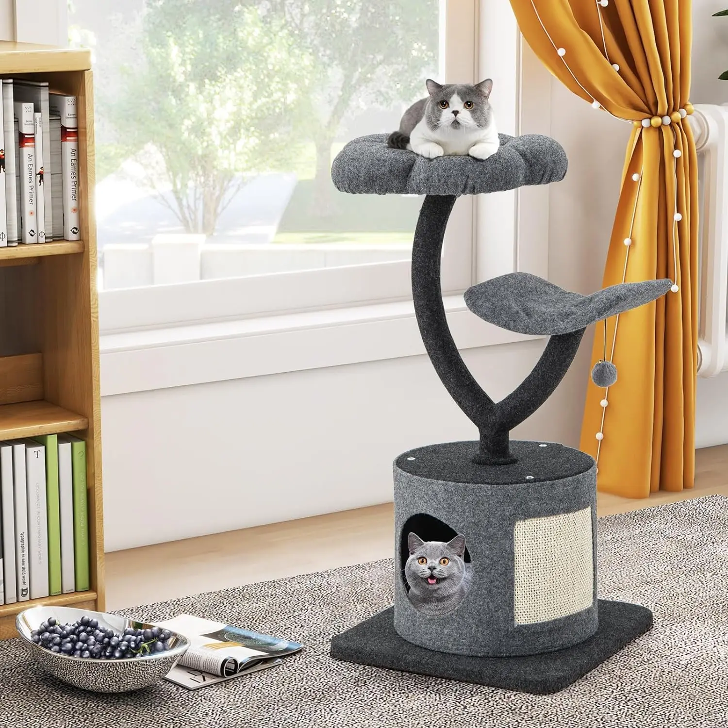 Cat Tree for Indoor Cats, 35 Inch Small Cat Tower with Curved Metal Supporting Frame, Sisal Scratching Board, 2 Perches