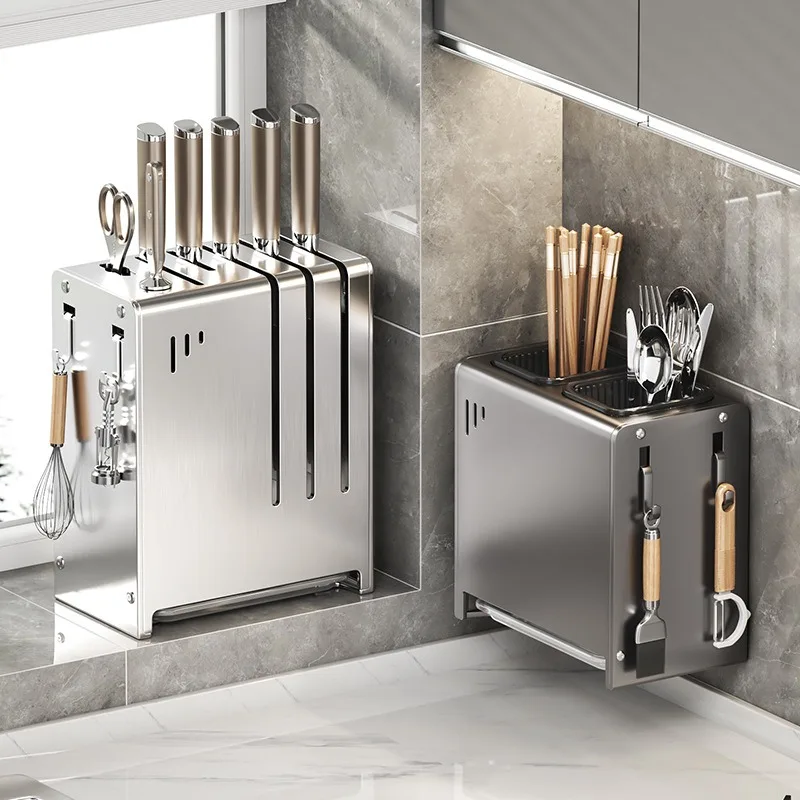 

Wall Mount Knife Holder - Multi-Functional Kitchen Organizer with Magnetic Strip & Utensil Rack, Space Saving Storage