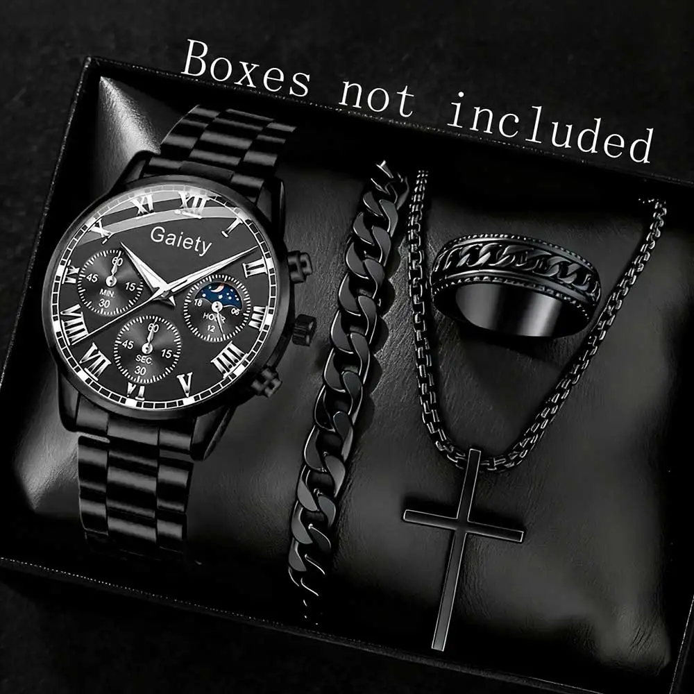 

2/4 шт. мужские часы, комплект деловых модных кварцевых часов, браслет, ожерелье, комплект колец, подходит для повседневной одежды, идеальный подарок