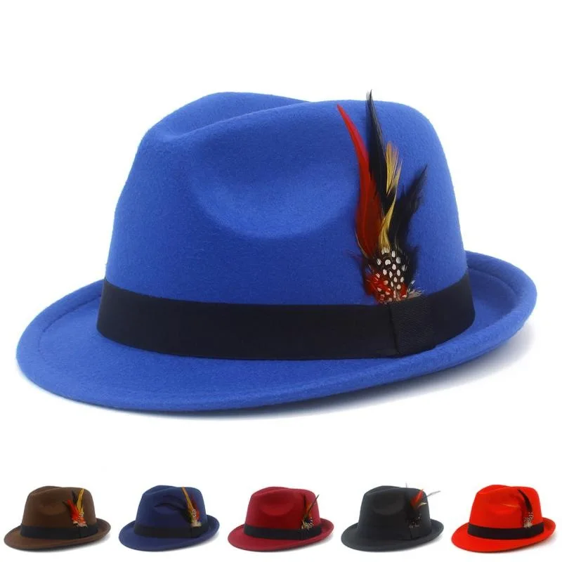 Nova cor pena pequeno chapéu superior moda masculina e feminina chapéu de feltro todos os jogos chapéu de cavalheiro retro jazz chapéu