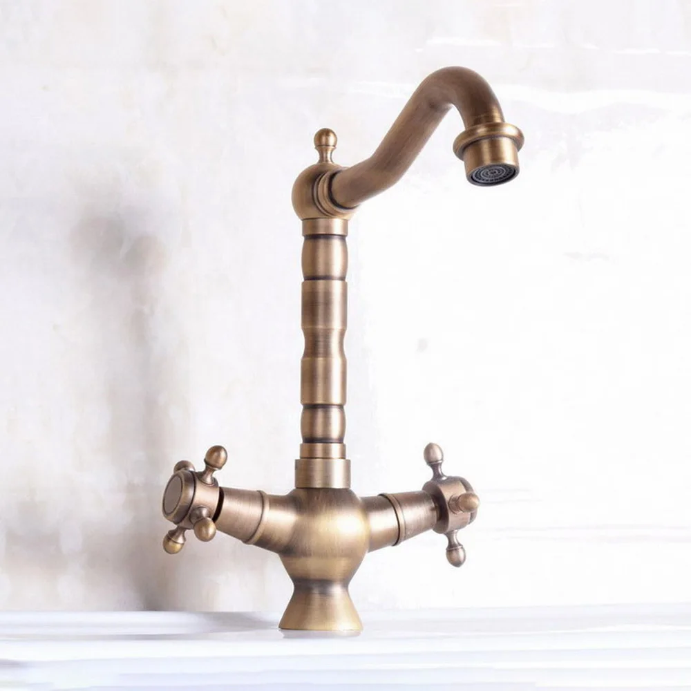 

Antique Brass Dual Cross Handles Kitchen Wet Bar Bathroom Vessel Sink Faucet Single Hole Swivel Spout Mixer Tap anf247