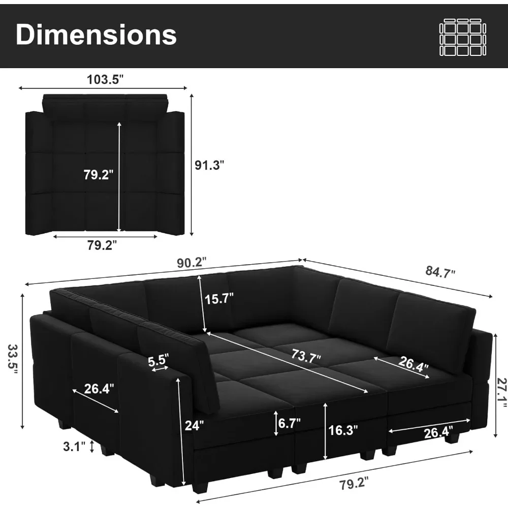 Modular Sectional Sofa with Ottomans Velvet Reversible Sleeper Chaise Bed Storage Seat Black