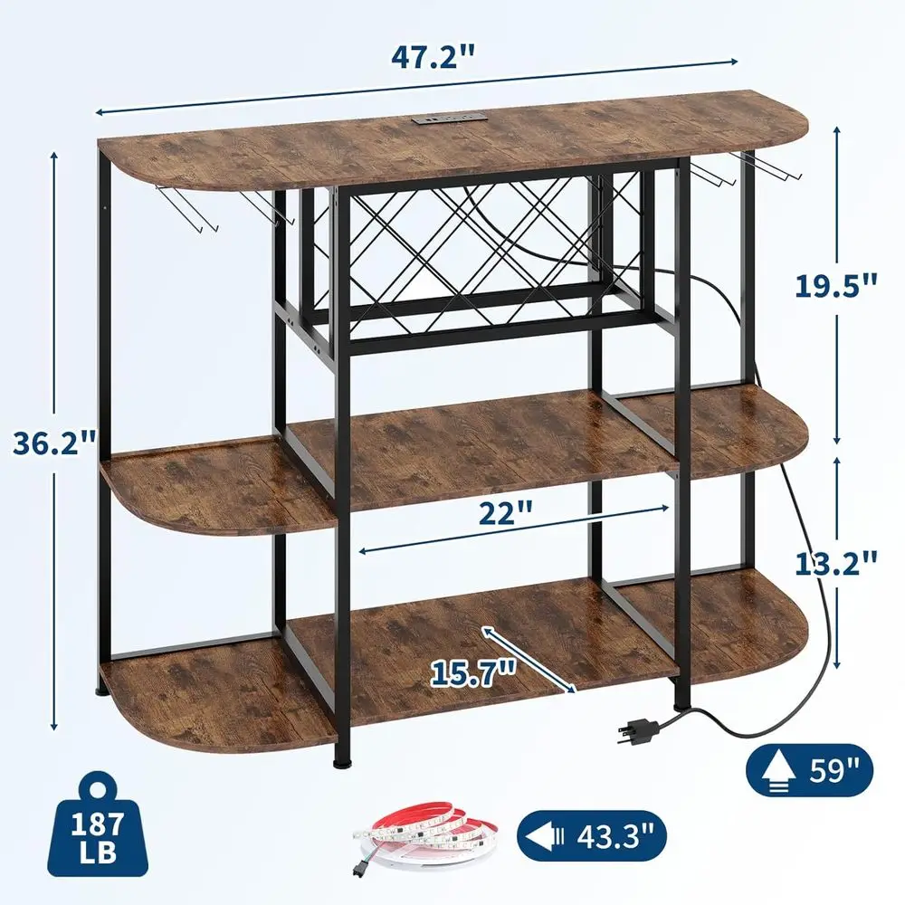 47,2 metalen thuisbarwagen met LED-verlichting, stopcontact, opbergruimte met 4 niveaus, wijnrekken en glazen houder