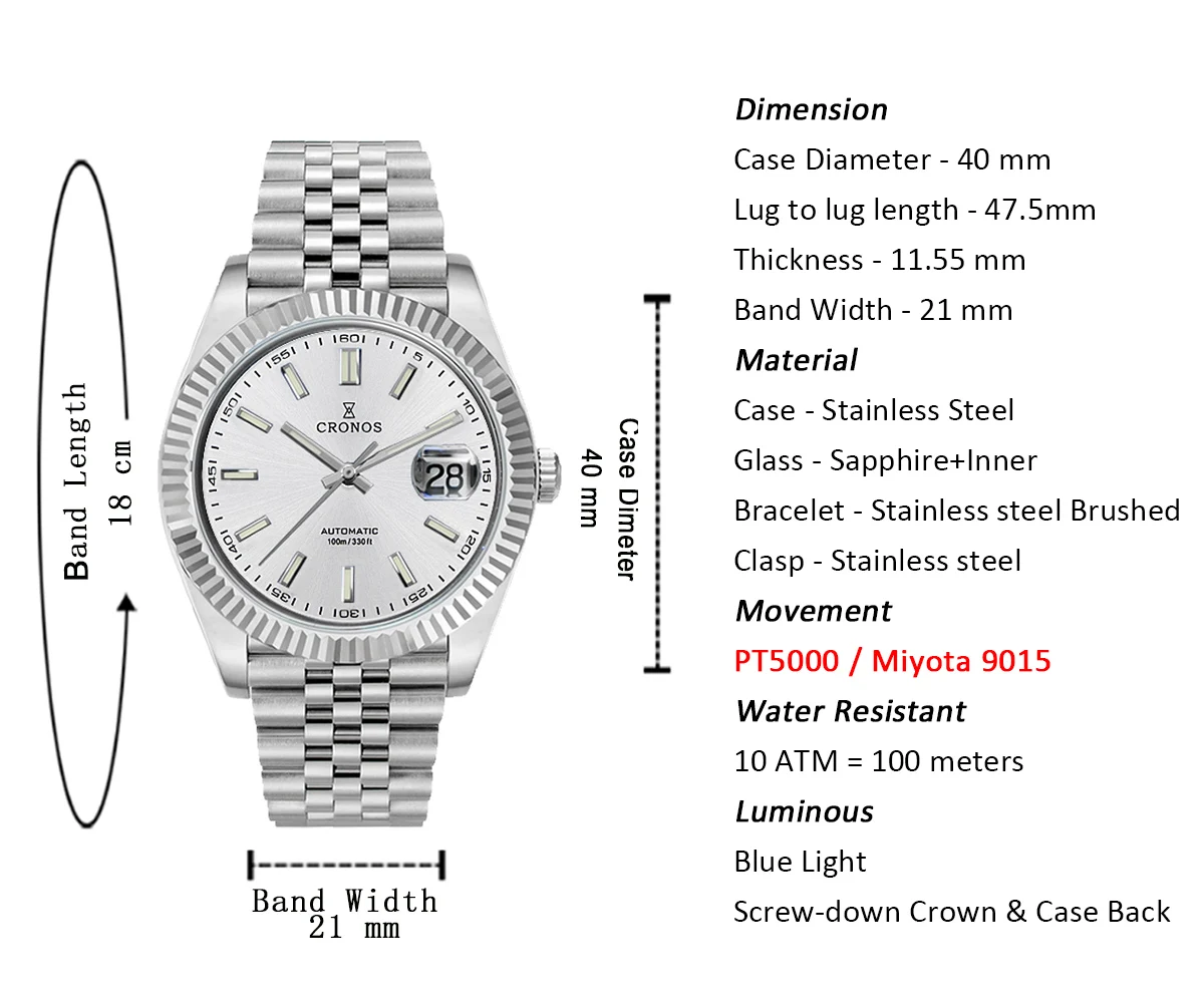 Cronos DateJ Luxury Men Watch Stainless Steel 5 Links Bracelet
