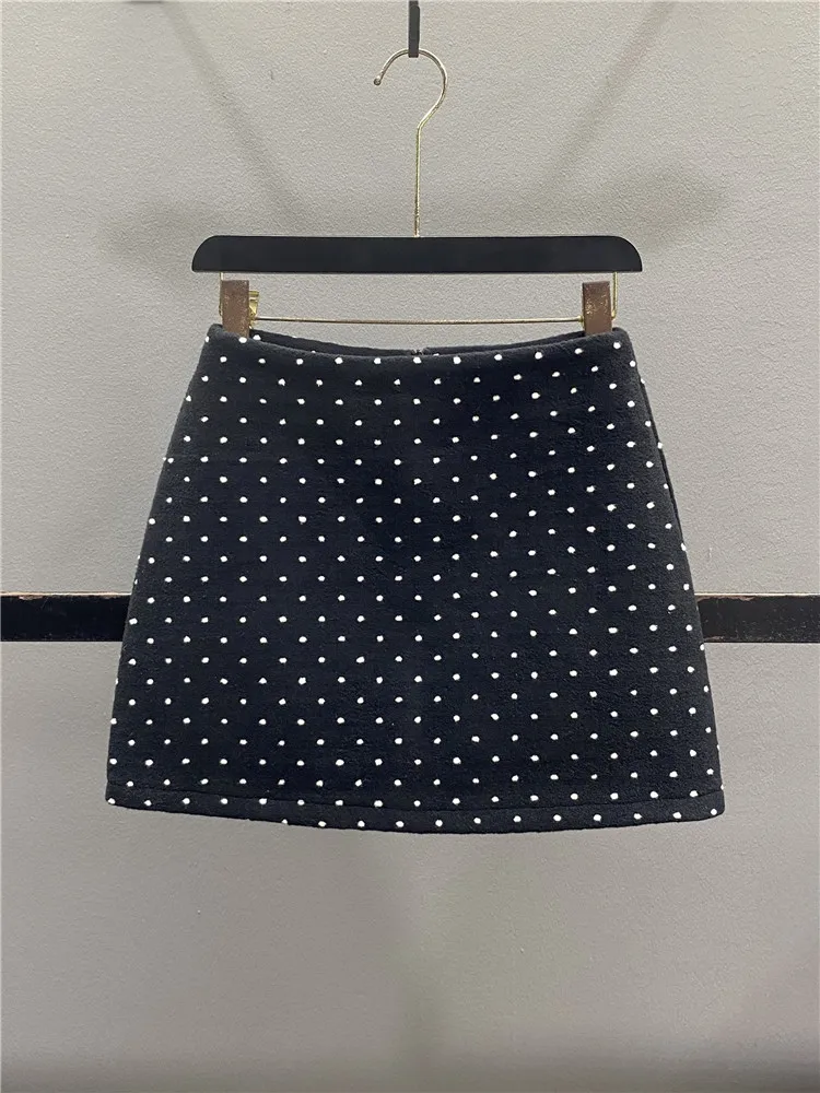 Retro Grey Woolen Polka Dot Half-length Skirt High-waist Slimming A-line Bodycon Short Skirt Women's Casual Standard Fit Zipp...