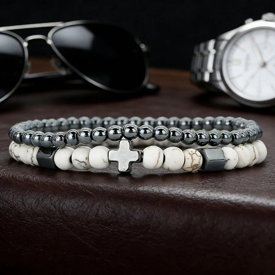 Business 2Pcs/Set Men Bracelet Apparel Accessories Cross Natural Stone Healing Hematite Strand Braslet Charm Homme Gift Jewelry