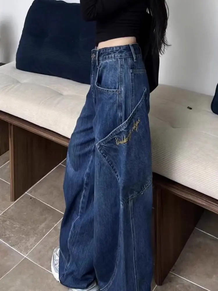 American Style Vintage Wide Leg Jeans Women's High Waist Loose Fitting Floor Length Pants Spring Autumn Small Size Korean Ver...