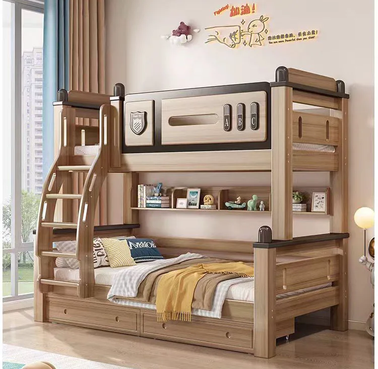 

Loft Wooden Bedroom Set Solid Wood Bunk Bed Multi-function Wooden Bed Kids Bunk Bed with Book Shelf and Drawers for Bedroom