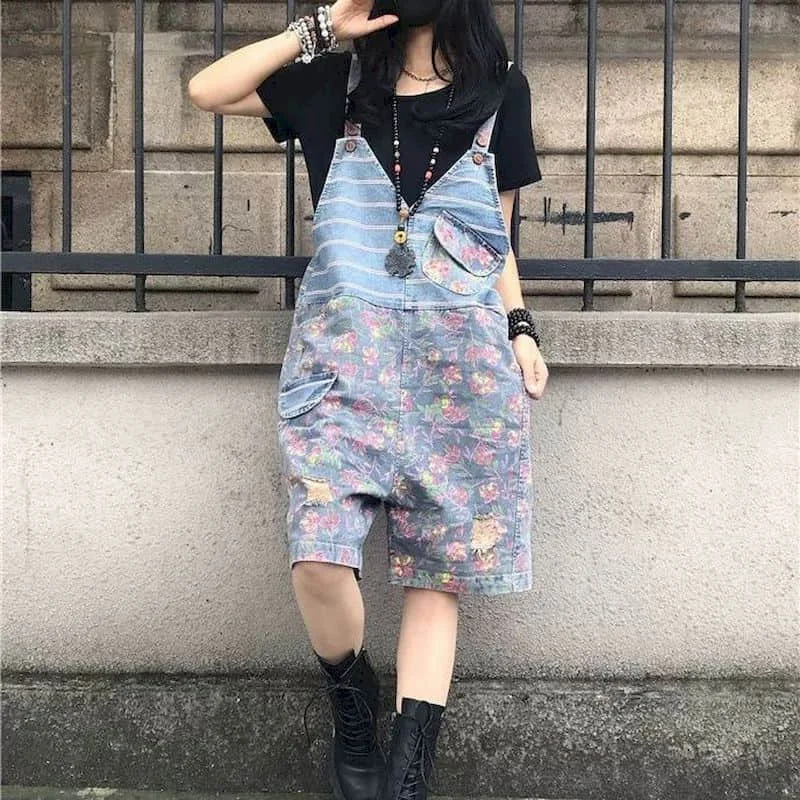 Denim Jumpsuit Women Oversized Loose Shorts Casual One Piece Outfit Women Playsuits Overall for Women Five-point Wide Leg Pants