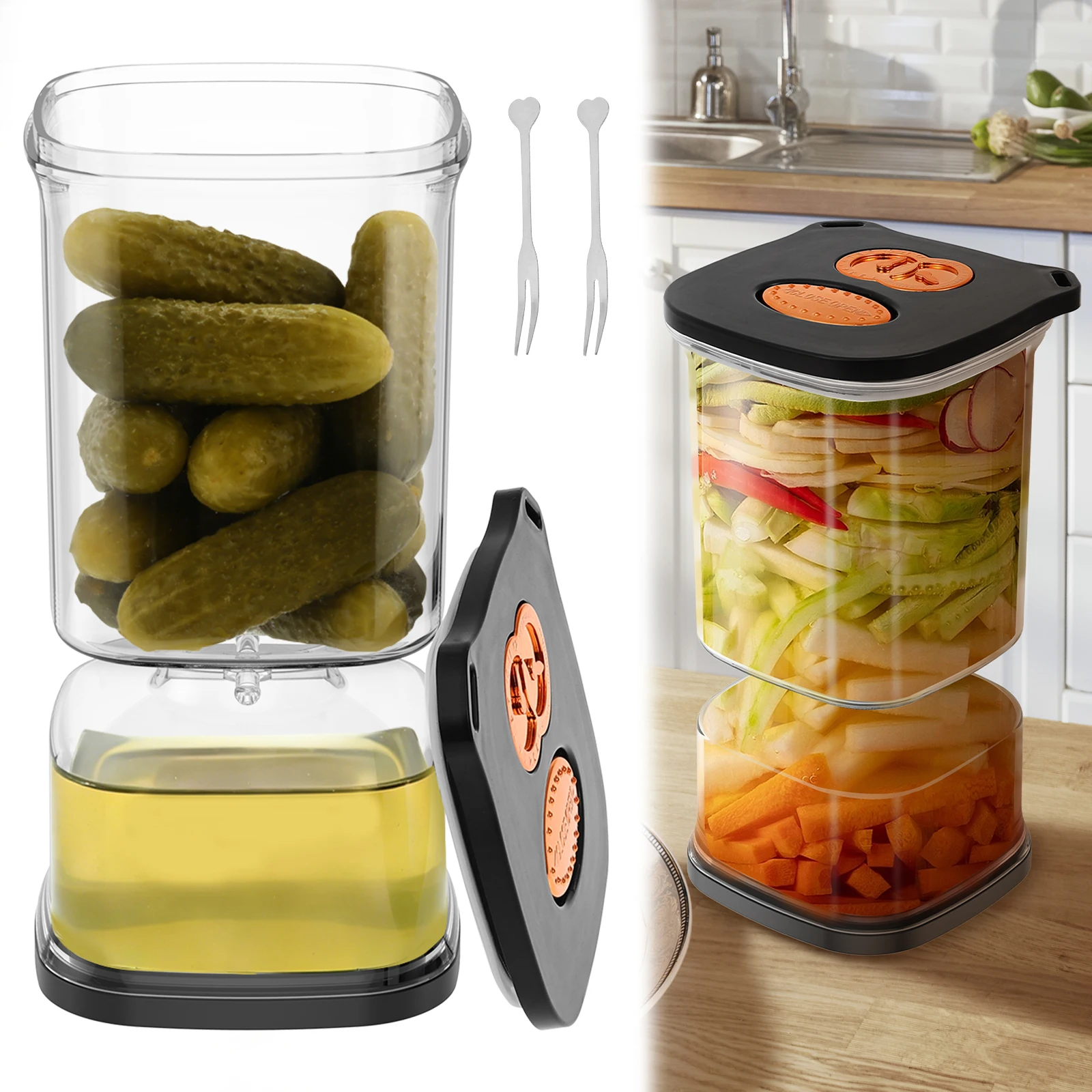 

34oz Pickle Flip Jar with Strainer Square Pickle Container with 2 Fork and Timer Recorder Food Storage Container for Gherkins