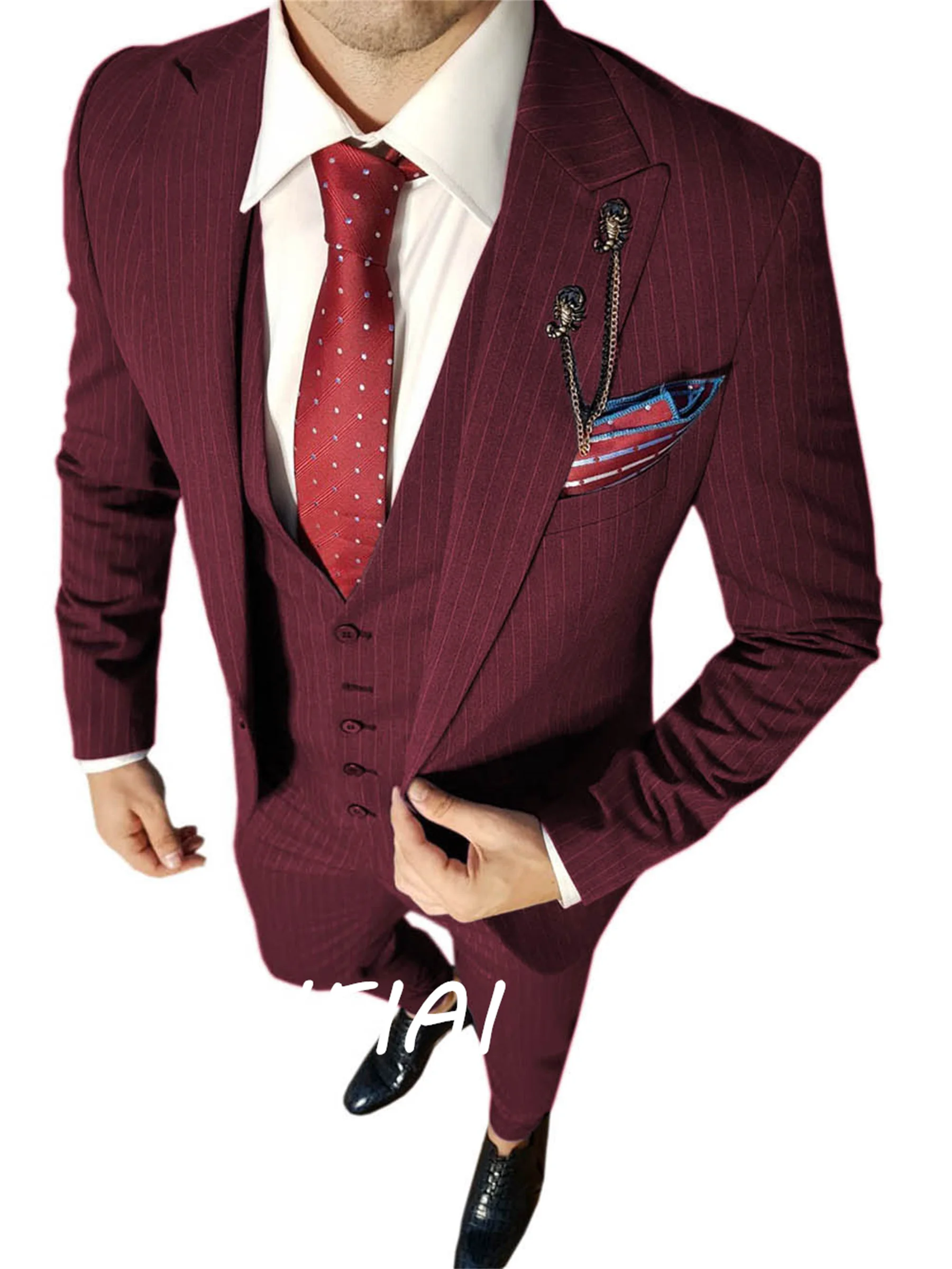 

Customized Men's Business Suit Gentleman 3-piece Set Pinstripe Office Meeting Customization Small Large Increase