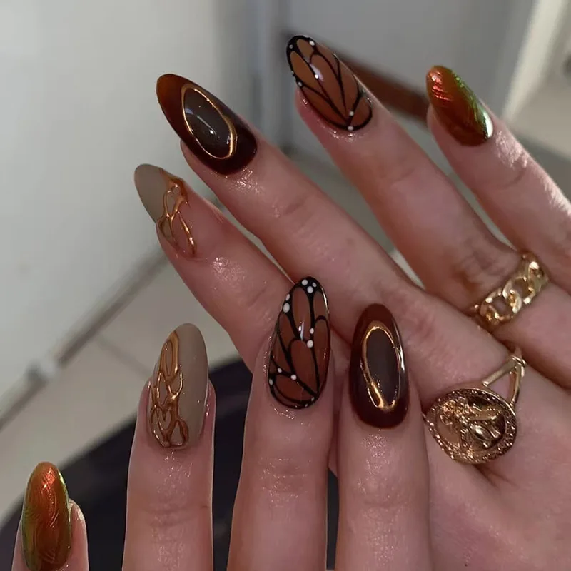 

24pcs 3D Butterfly Press-On Nails - Wing Vein Texture Medium Almond Shape (Multi Sizes) False Nails With Wearing Tools