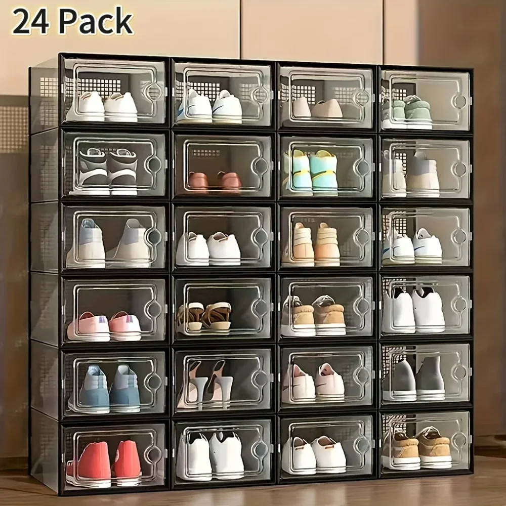 6 Pc Large Capacity Modular Space-Saving Shoe Box, Transparent Plastic Stackable with Lid, Sneaker Display Box, B