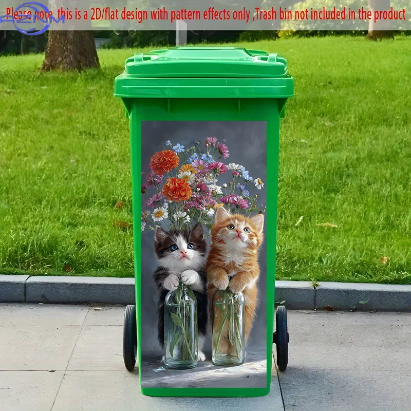 [2D Flat Printing] 1pc 2D Pattern Printed Kitchen Trash Can Sticker, X Cm Calico Cat Playing with Flowers Design, Themed Kitch