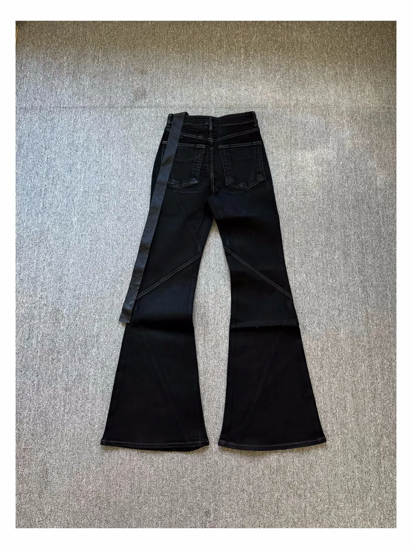 High Street RO 25ss Jeans Pants Men's Dark Style Spiral Splicing Brush Wax Micro Pull Floor Pants Black Elastic Denim Jackets
