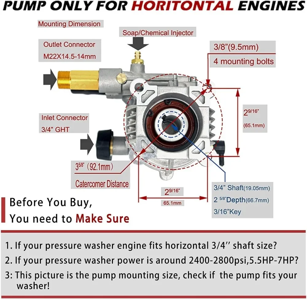 신형 2400-2800 PSI 압력 세척기 펌프 교체품, 3/4인치 샤프트 수평 펌프 (파워 워셔용)