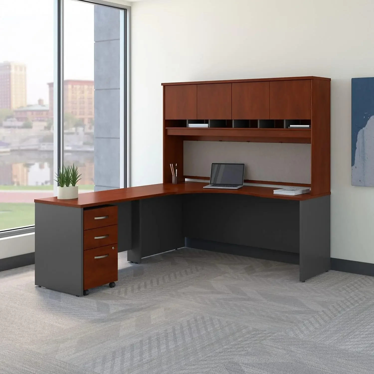 Series C 72W Left Handed Corner Desk with Hutch and Mobile File Cabinet in Hansen Cherry