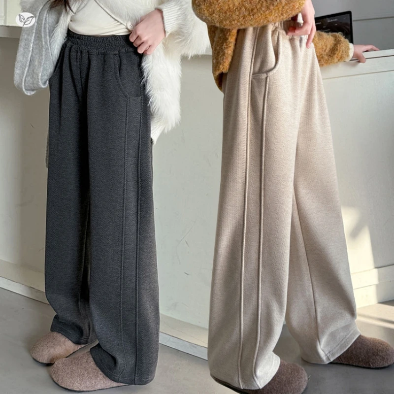 Girls' Side-Panel Casual Pants, Winter Fleece-lined Pants, New Style Long Pants for 2026, Clothing for Girls Aged 10-12