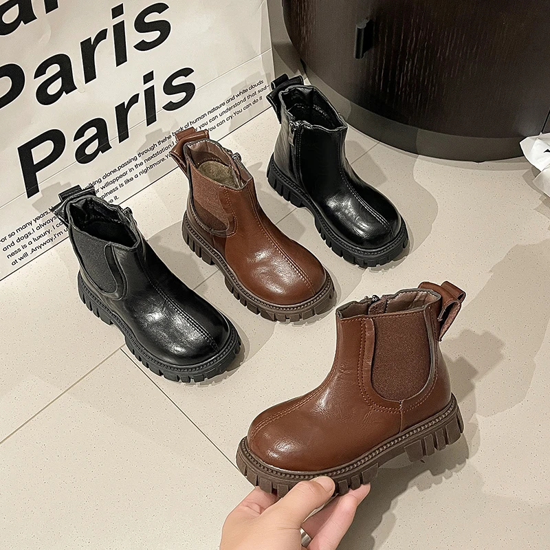 الفتيات الأحذية الجلدية بلون الكورية نمط الاطفال أحذية بوت قصيرة أصابع مستديرة 2025 شتاء جديد الأطفال الأميرة الأحذية سستة عدم الانزلاق #2
