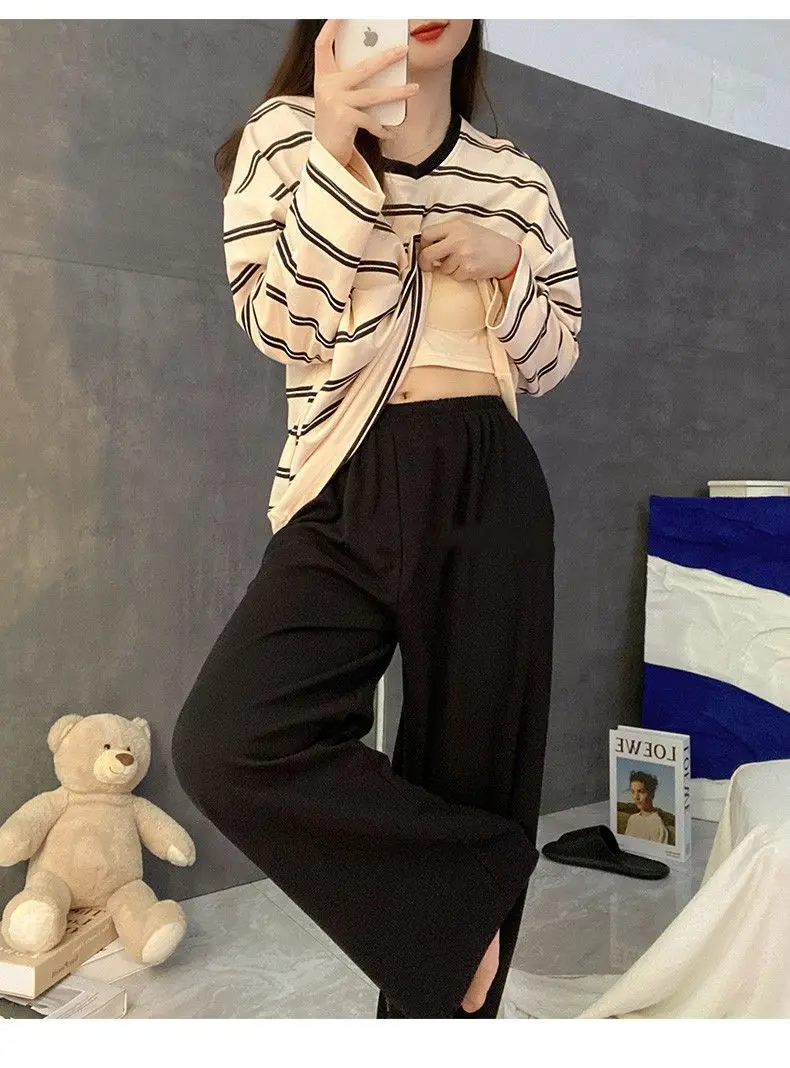 Damen-Herbst-Pyjama mit Brustpolstern, gestreift, langärmelig, Übergröße, O-Ausschnitt, schlicht, lässig, modisch, koreanischer Schulpyjama, Homewear – Detail 14