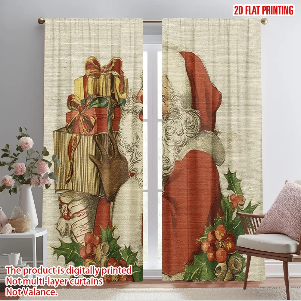 2pcs,2D plane printing Creative Curtains Santa Claus with Presents Versatile Fabric (without rod) Room Decor Ldeal for Bedroom