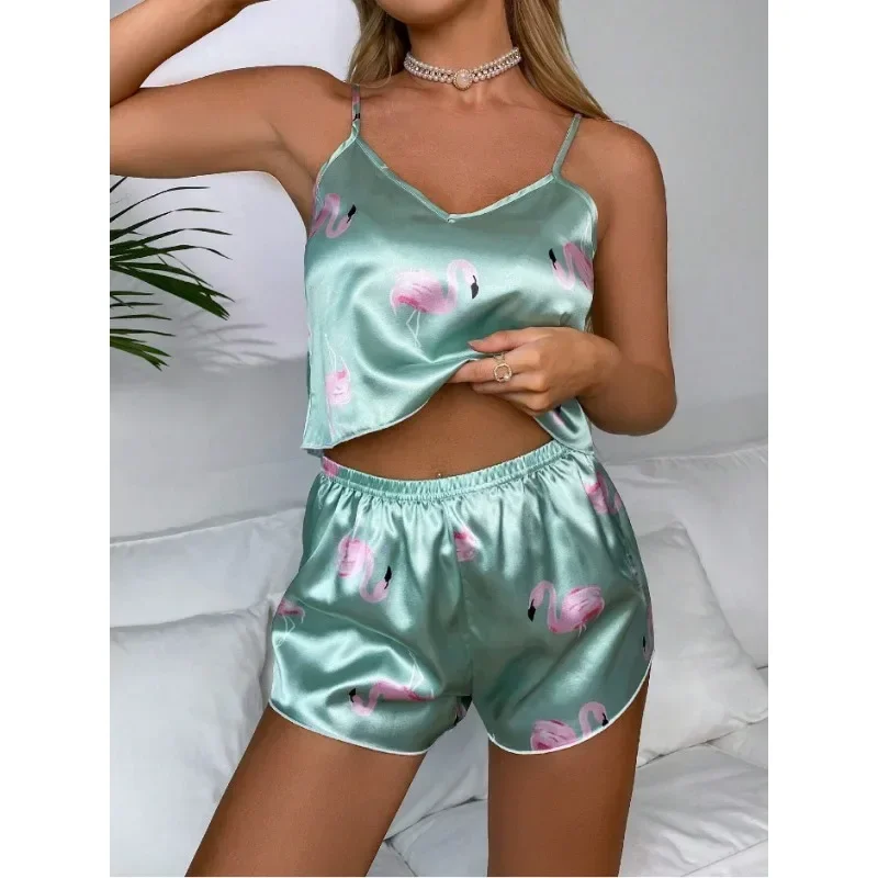 

Пижамный комплект для женщин, пижама на подтяжках с леопардовым принтом, летние атласные дышащие шорты из искусственного шелка, комплект из 2 предметов, большой размер