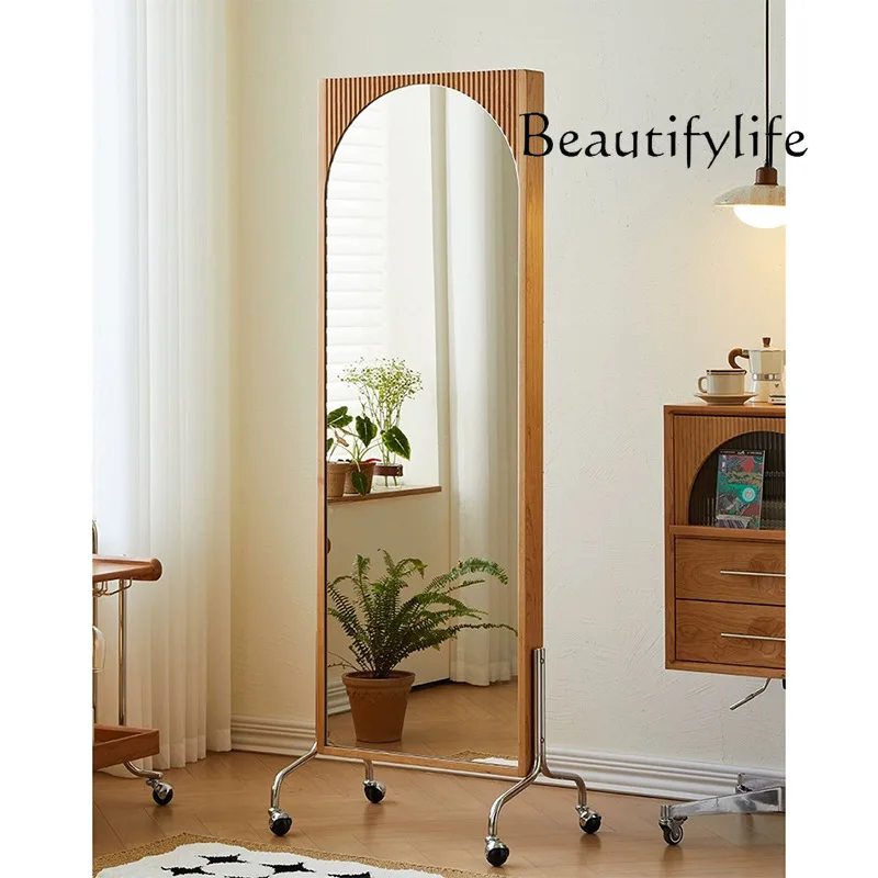 Solid wood full-body mirror push-pull movable rotating floor cherry wood bookshelf bedroom retro full-length mirror